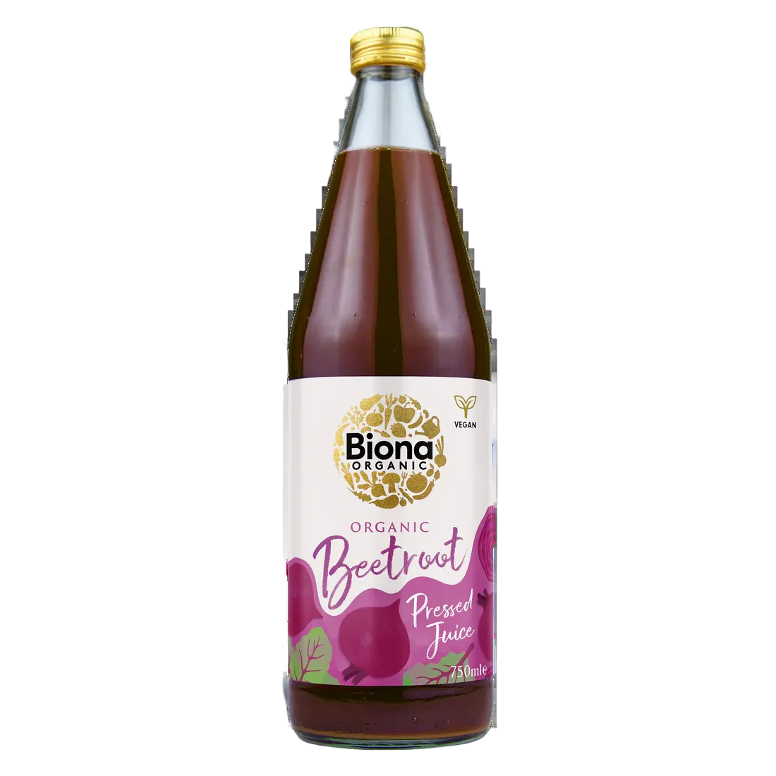 Biona Organic Beetroot Pressed Juice, 750ml glass bottle of vegan vegetable drink.