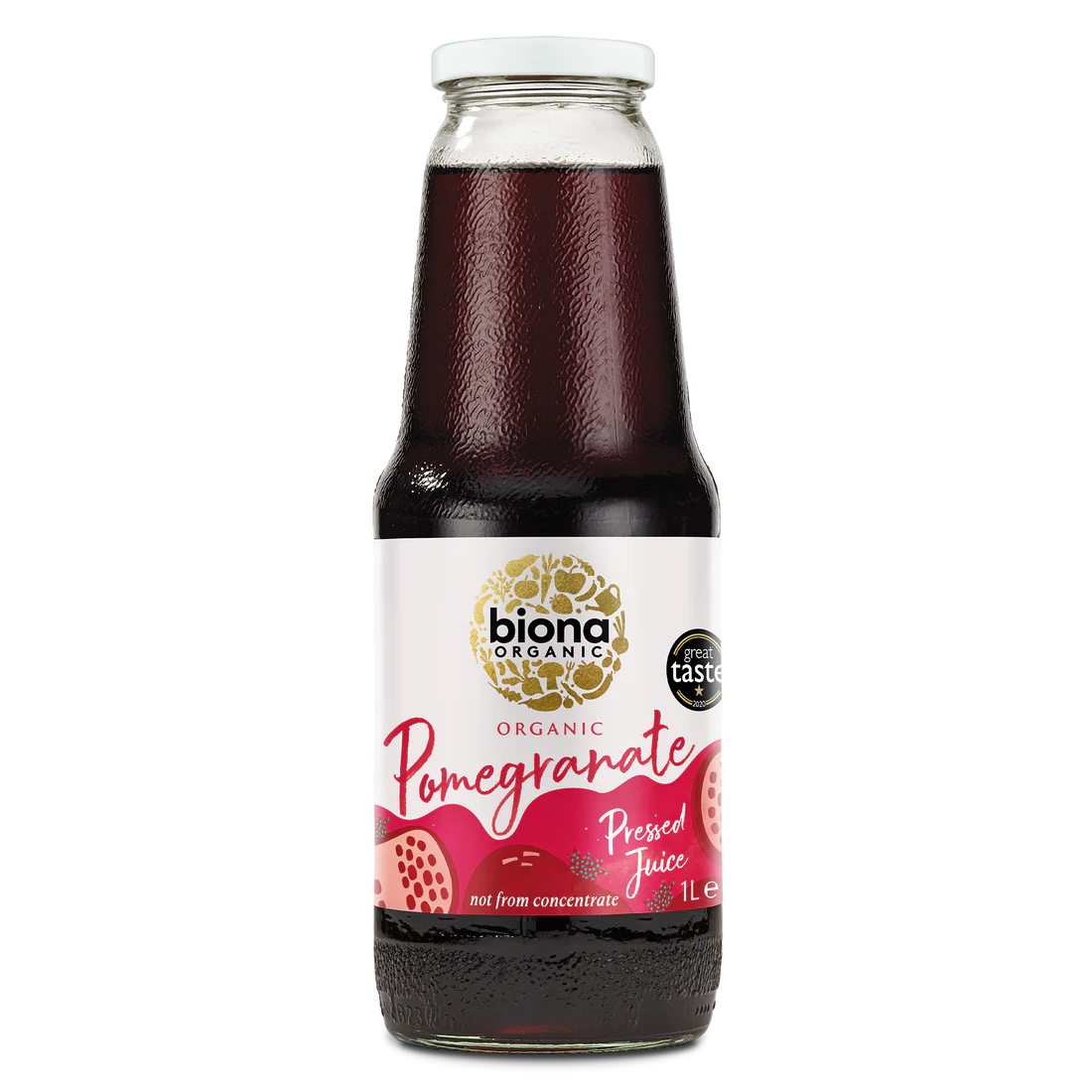 A 1-liter glass bottle of Biona Organic Pomegranate Pressed Juice.