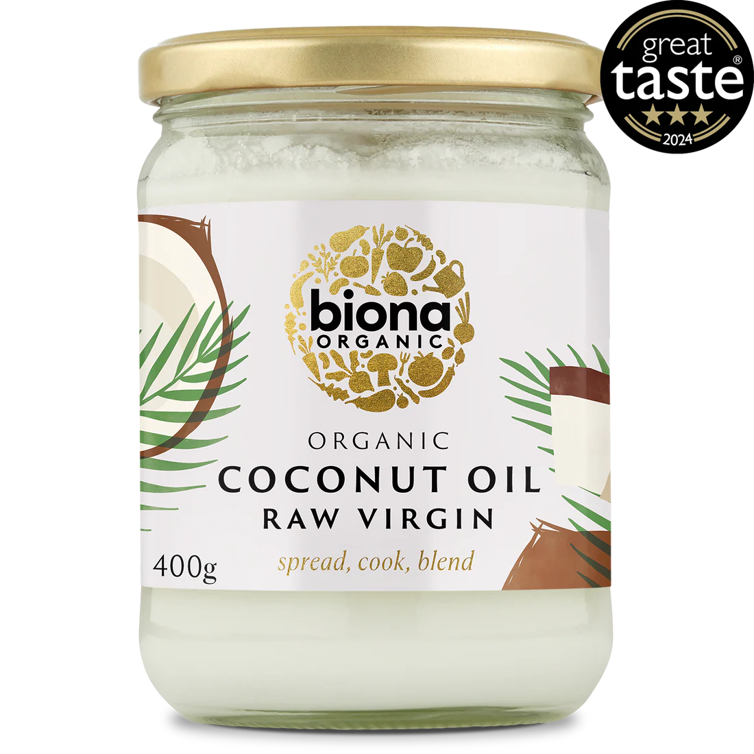 A 400g glass jar of Biona Organic Raw Virgin Coconut Oil with a gold lid.