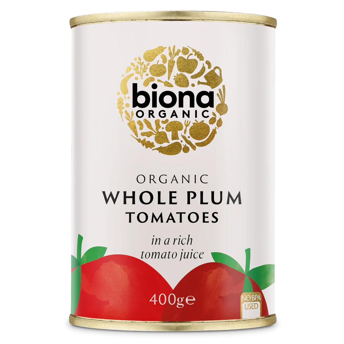 Biona Organic Whole Plum Tomatoes in a rich tomato juice, 400g BPA-free can.