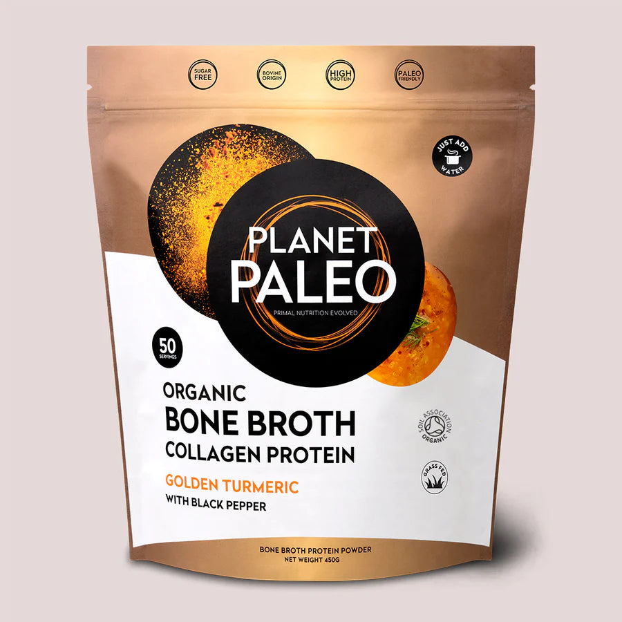 Planet Paleo Golden Turmeric bone broth collagen protein pouch with black pepper illustration.