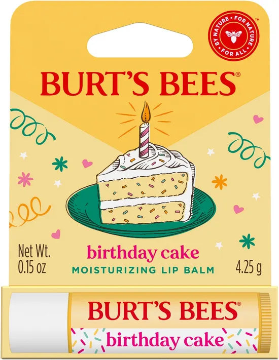 Burt’s Bees "Birthday Cake" Moisturizing Lip Balm in its festive yellow hang-tag packaging.