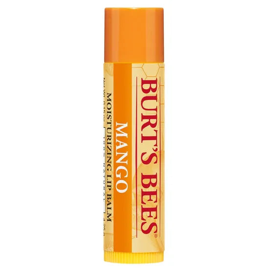 A Burt’s Bees "Mango" Moisturizing Lip Balm tube, featuring a vibrant orange cap and a cream-colored label with a subtle honeycomb pattern.