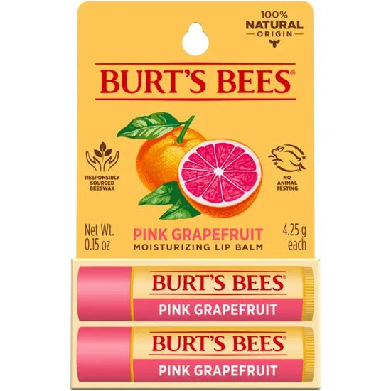 A Burt’s Bees "Pink Grapefruit" Moisturizing Lip Balm twin-pack in its yellow hang-tag packaging.