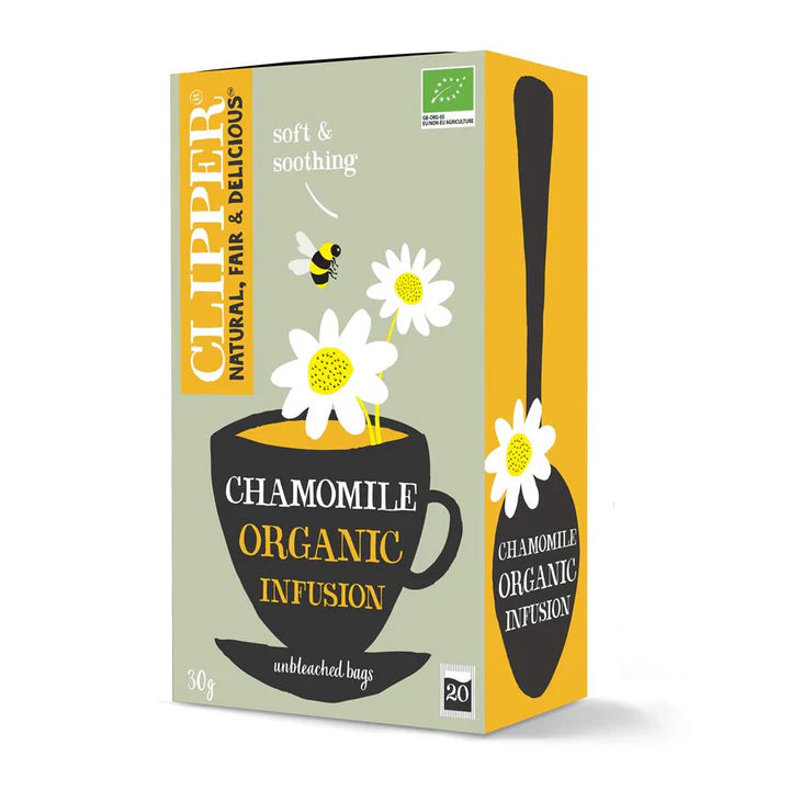 Clipper organic chamomile infusion, 20 unbleached tea bags, featuring a soft and soothing blend.