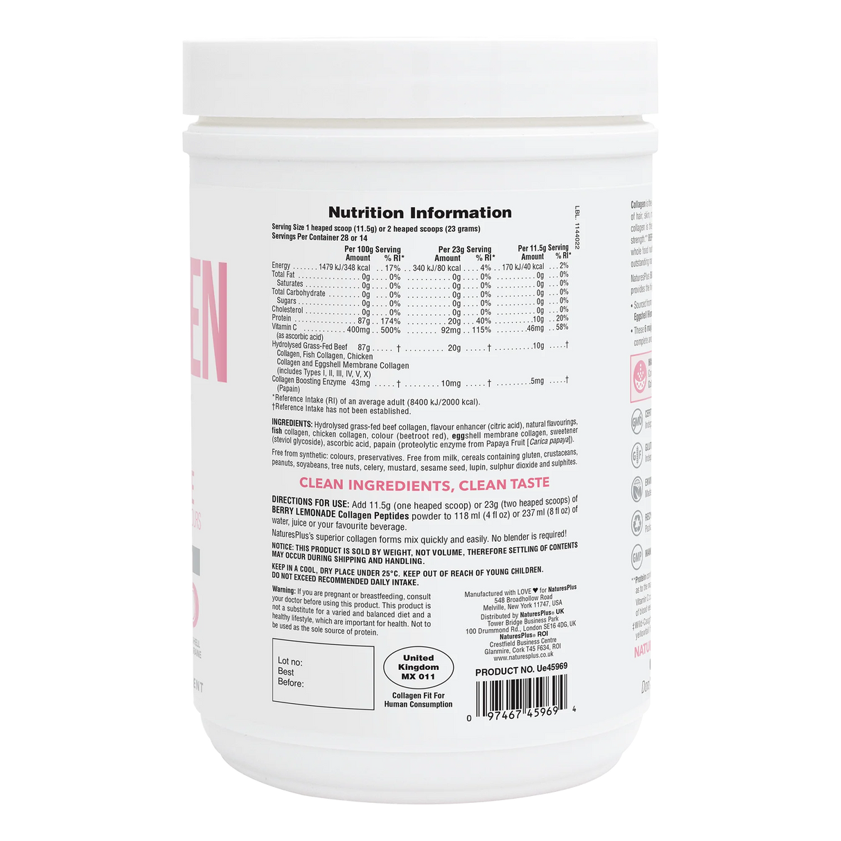 Back of tub label for NaturesPlus Collagen Peptides Berry Lemonade powder showing nutrition facts per serving, amino acid profile, and "Clean Ingredients, Clean Taste" quality guarantee.