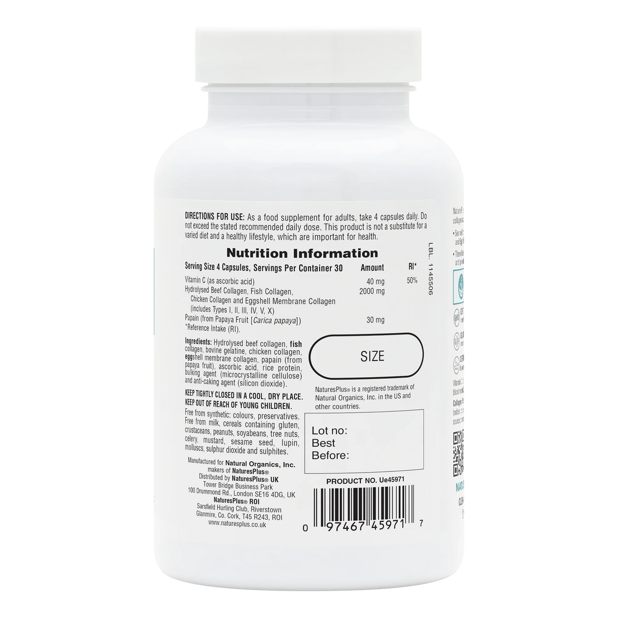 Back label of NaturesPlus Collagen Peptides supplement bottle showing nutrition facts, 2000 mg multi-collagen complex, serving size of 6 capsules, and a list of hydrolyzed collagen sources.