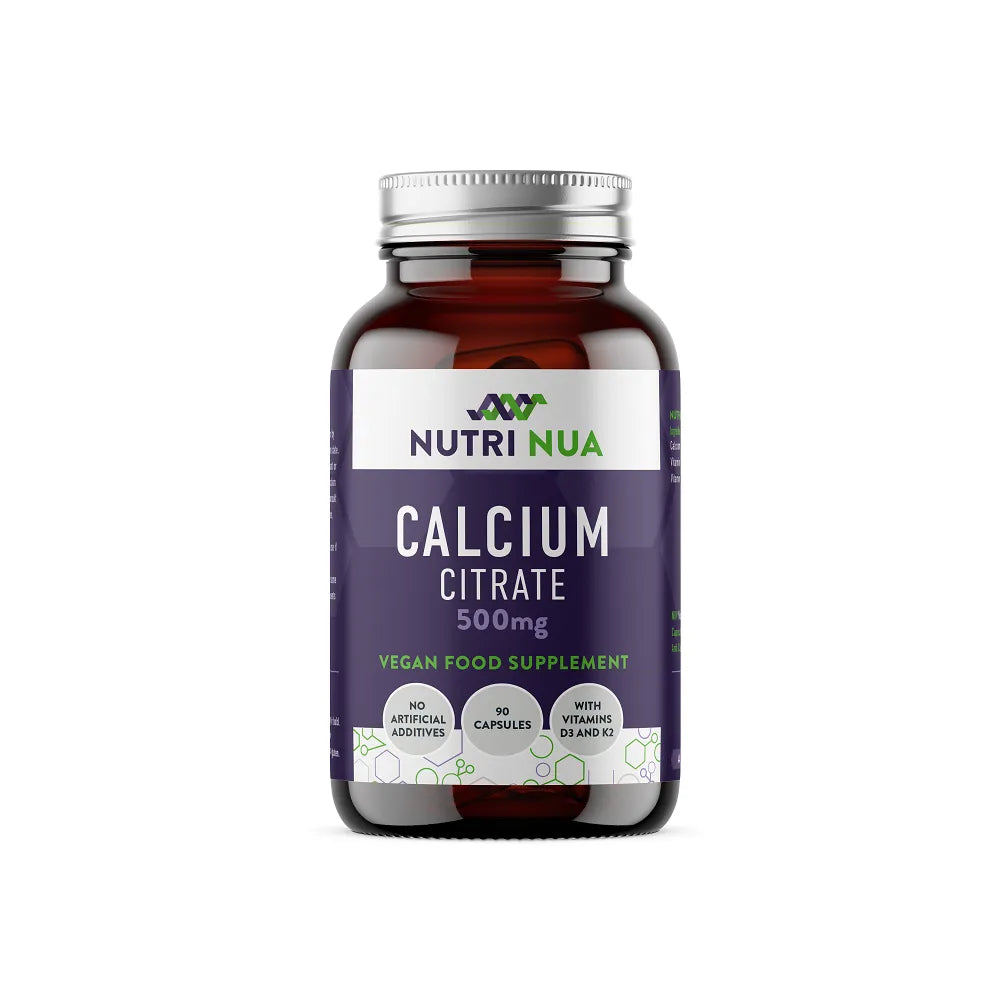 A capsule bottle of Nutri Nua 500mg vegan calcium citrate supplement.