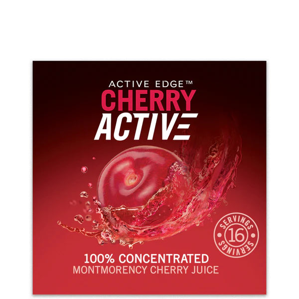 A product label for Active Edge Cherry Active featuring a large red cherry splashing into liquid, with text indicating it is 100% Concentrated Montmorency Cherry Juice and contains 16 servings.