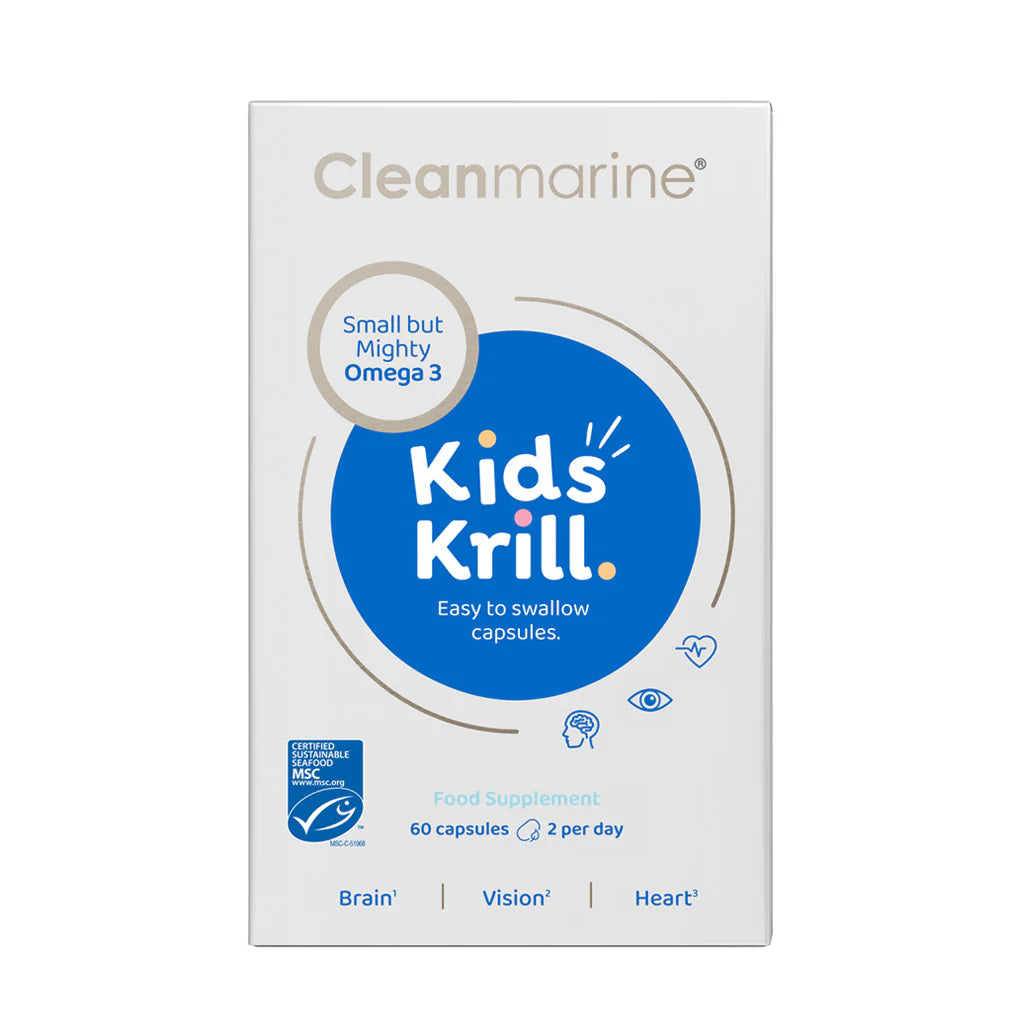 Cleanmarine Kids Krill Omega 3 food supplement featuring 60 easy-to-swallow capsules, with a clean white and blue packaging design highlighting benefits for brain, vision, and heart health.