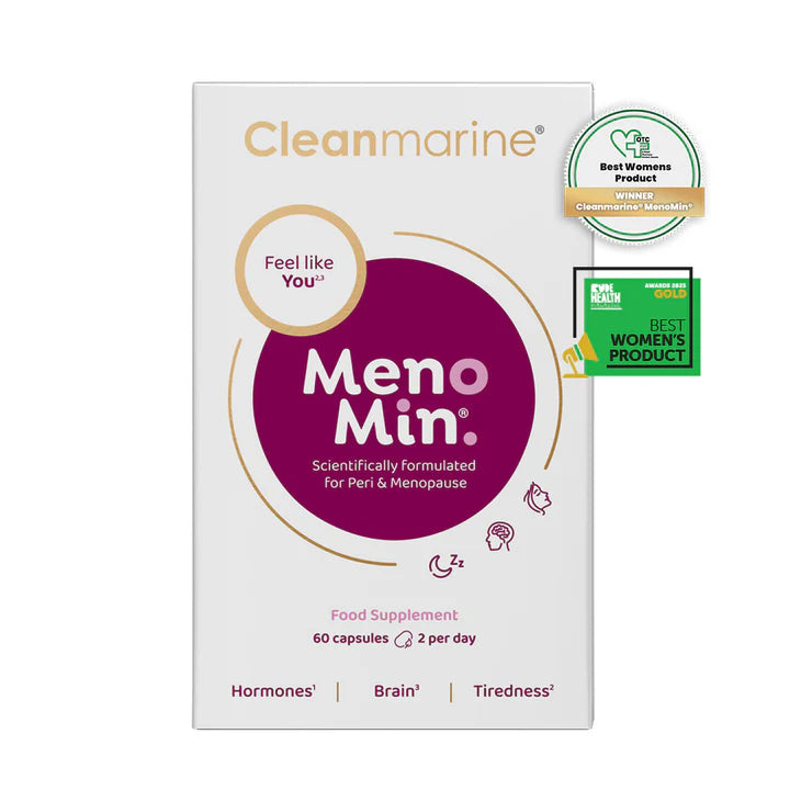 Cleanmarine MenoMin 60 capsules supplement box for peri and menopause support, featuring award-winning seals for "Best Women's Product" on a clean white background with purple and gold accents.