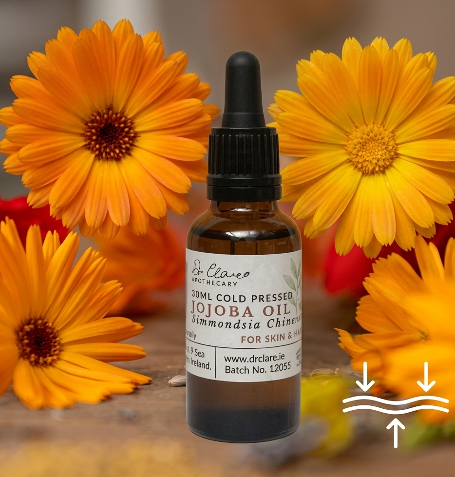 Dr Clare Apothecary cold pressed Jojoba Oil amber dropper bottle.