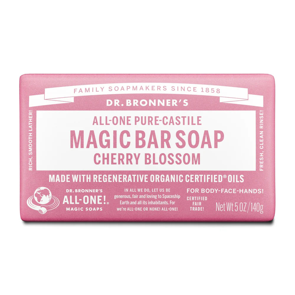 Dr. Bronner’s Cherry Blossom All-One Pure-Castile Magic Bar Soap, 5oz organic pink bar.