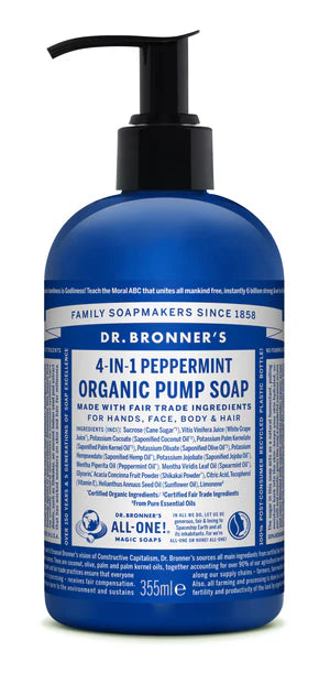 Blue bottle of Dr. Bronner's 4-in-1 Peppermint Organic Pump Soap.