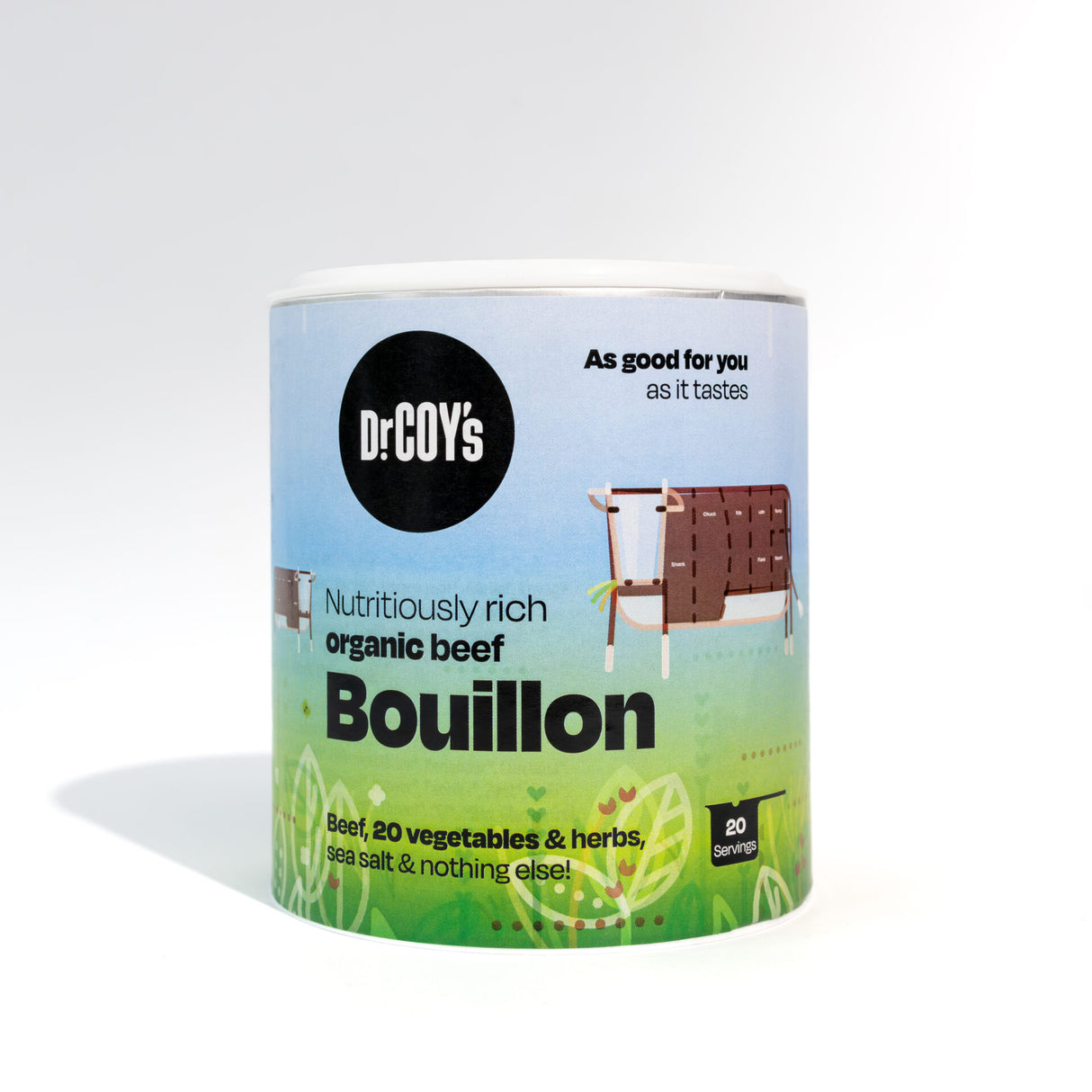 Dr. Coy's Nutritiously Rich Organic Beef Bouillon 20 servings tin.
