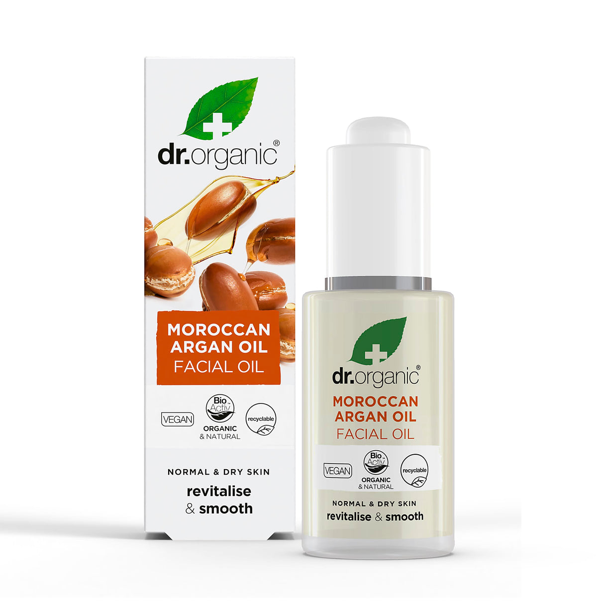 Dr. Organic Moroccan Argan Oil Facial Oil with a dropper bottle and box. The packaging shows argan nuts, highlighting vegan and organic features.