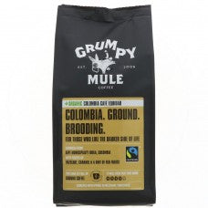 Grumpy Mule Organic Colombia Café Fodder, a ground coffee blend featuring notes of hazelnut, caramel, and red berries.