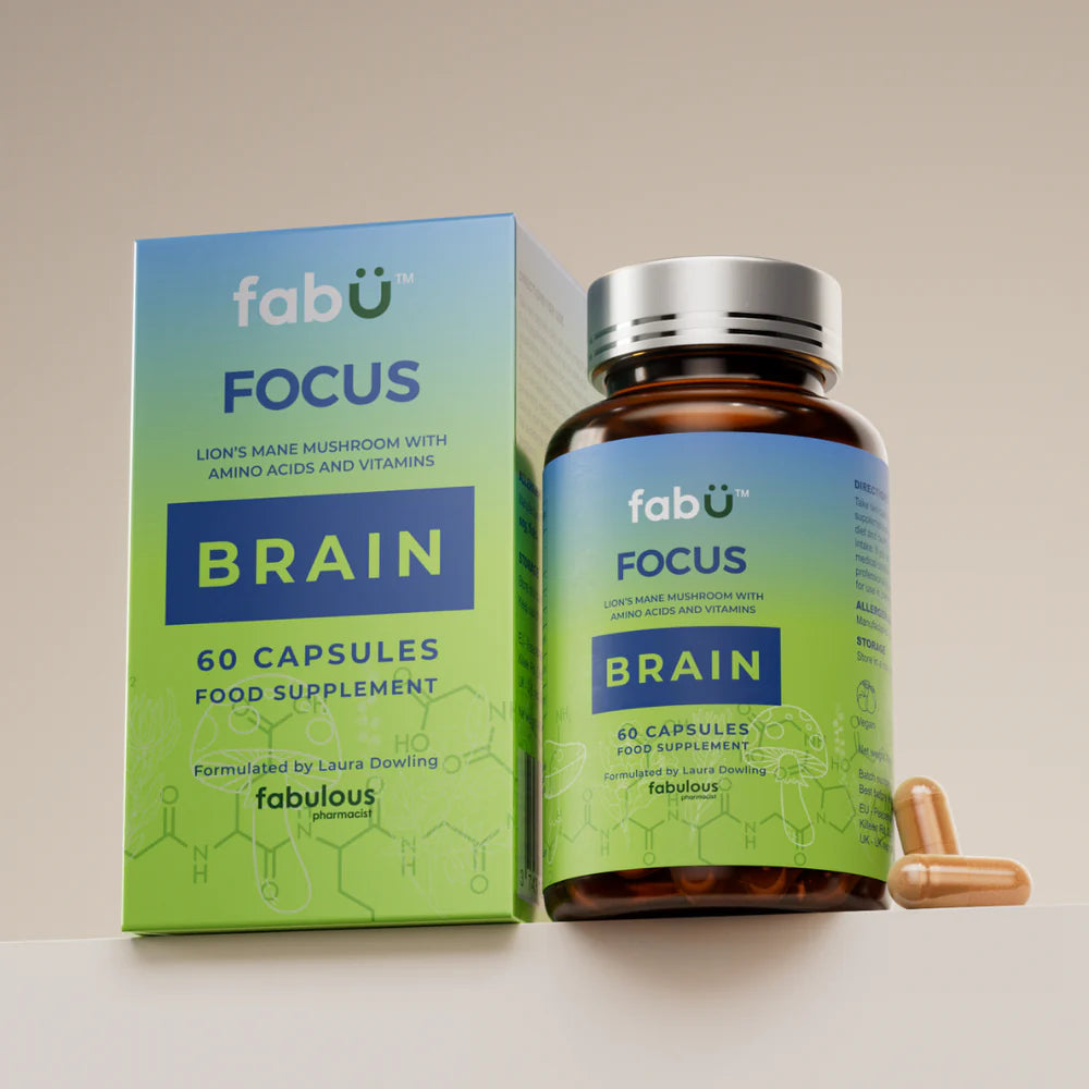 Fábú Focus and Brain capsules 60 pack for mental clarity and concentration with Lion's Mane and Vitamin B5, an Irish wellness supplement.