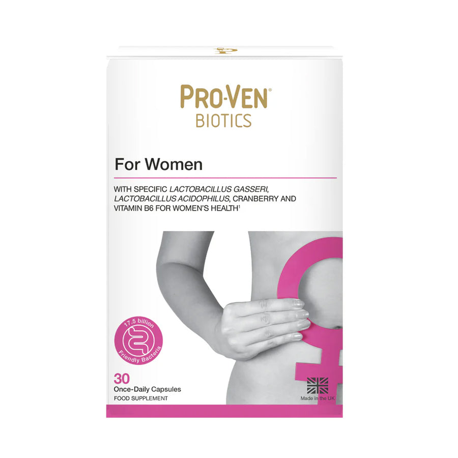 ProVen Biotics for Women capsules with Lab4 friendly bacteria, cranberry extract, and vitamin B6 for urinary and hormonal health.