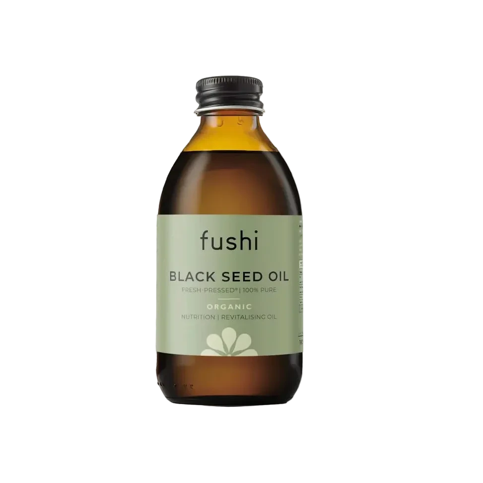 Bottle of fushi Black Seed Oil on a white background