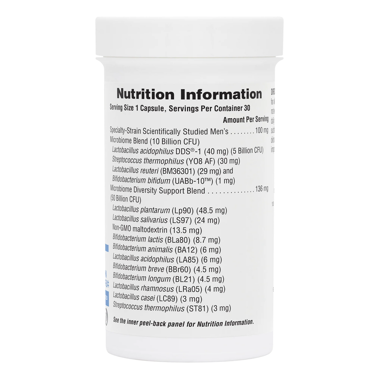 Back label of NaturesPlus GI Nutra PRO BIO Men supplement bottle showing nutrition facts, 21-strain microbiome blend with 60 billion live CFU, and a targeted men's botanical blend.