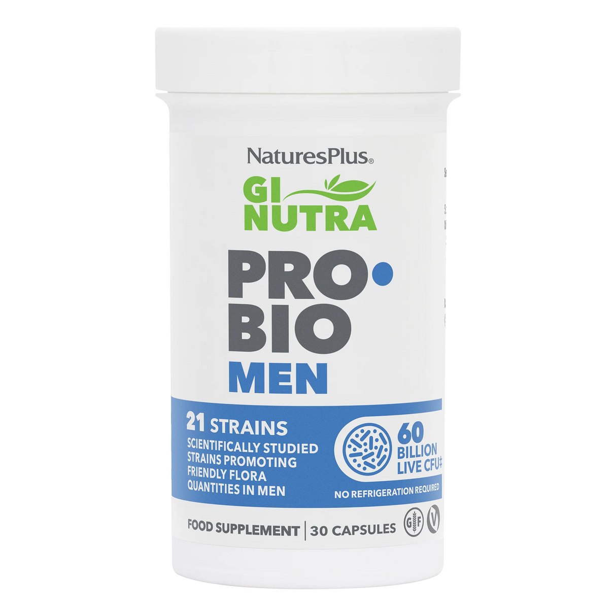 NaturesPlus GI Nutra PRO BIO Men probiotic supplement bottle featuring 21 strains and 60 billion live CFU in a white container with blue and green branding.