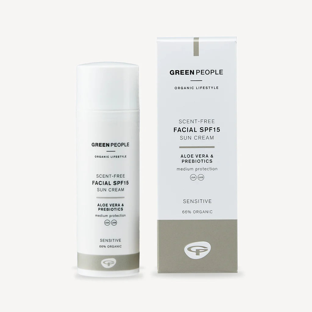 Green People scent-free facial SPF 15 sun cream with aloe vera and prebiotics, suitable for sensitive skin, 66% organic, shown with both the tube and its outer packaging box.