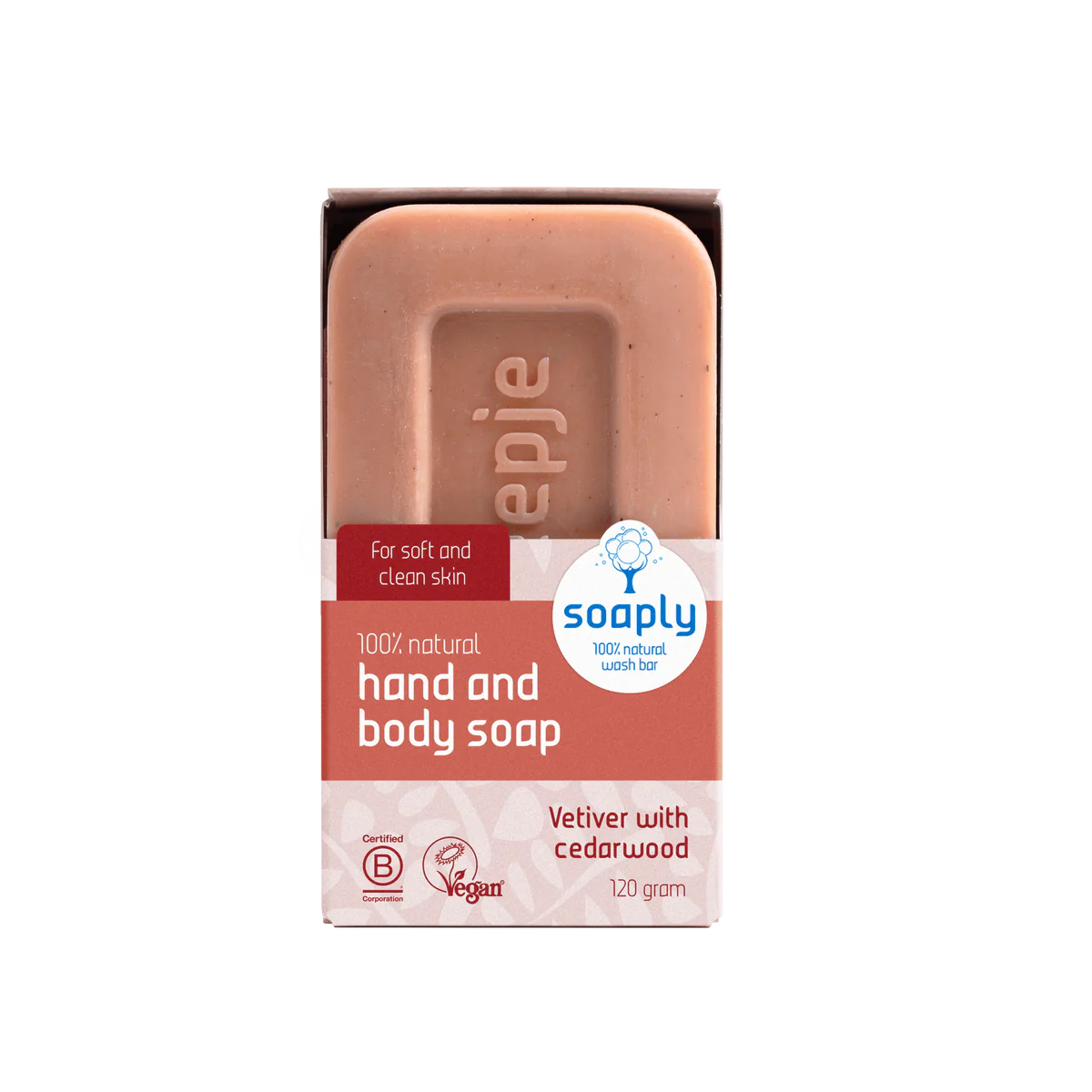 Soaply 100% natural hand and body soap bar, 120g, scented with vetiver and cedarwood, certified vegan and B Corp.