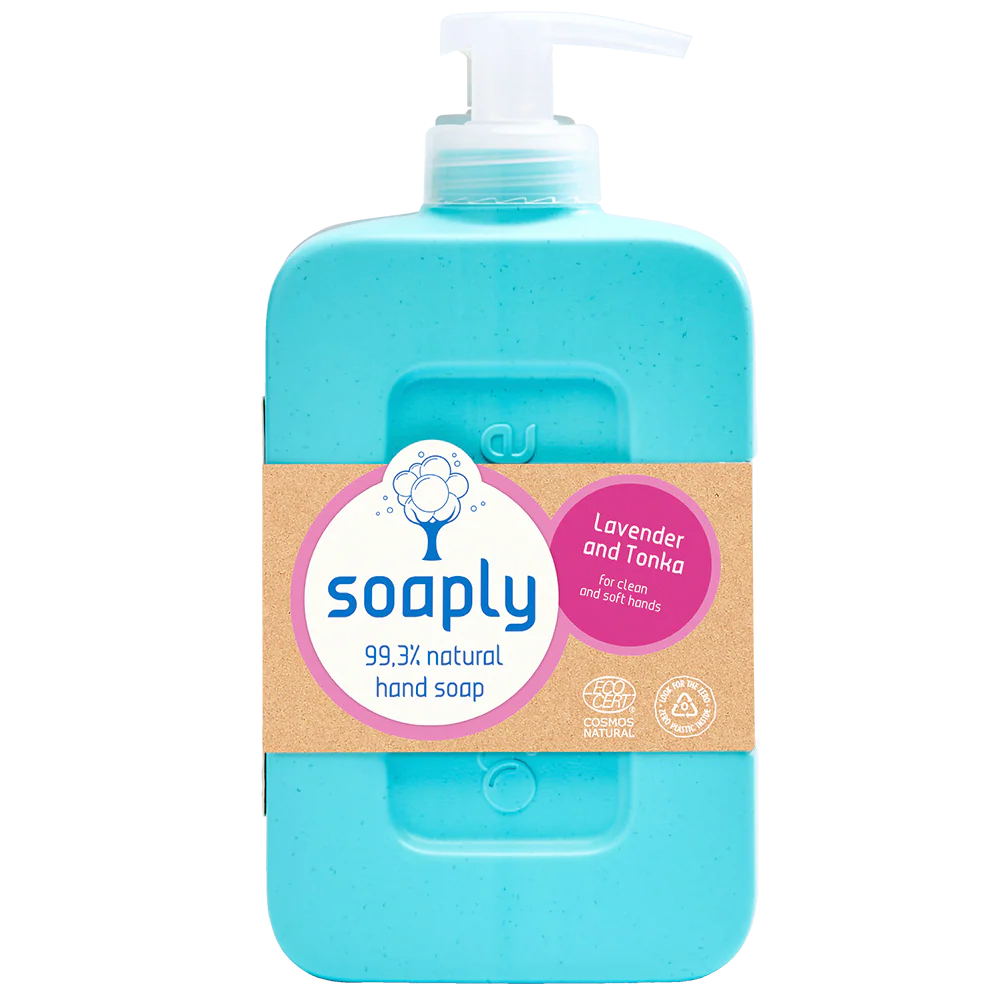 Soaply 99.3% natural hand soap in Lavender and Tonka scent, packaged in a zero-plastic bottle with a pump dispenser.