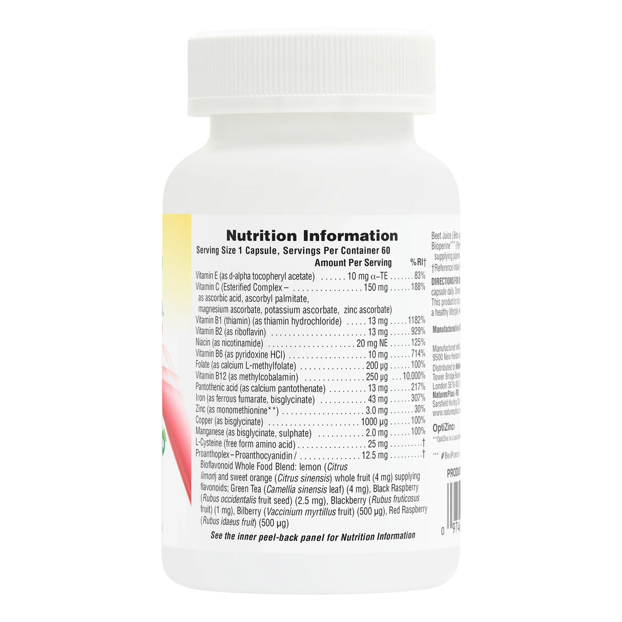 NaturesPlus GI Nutra PRO BIO MEGA probiotic supplement bottle featuring 35 strains and 120 billion live CFU in a white container with green branding.