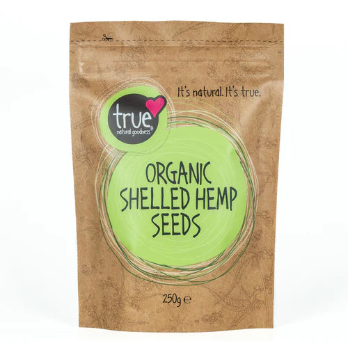 Organic Shelled Hemp Seeds 250g pouch by True Natural Goodness on a white background.