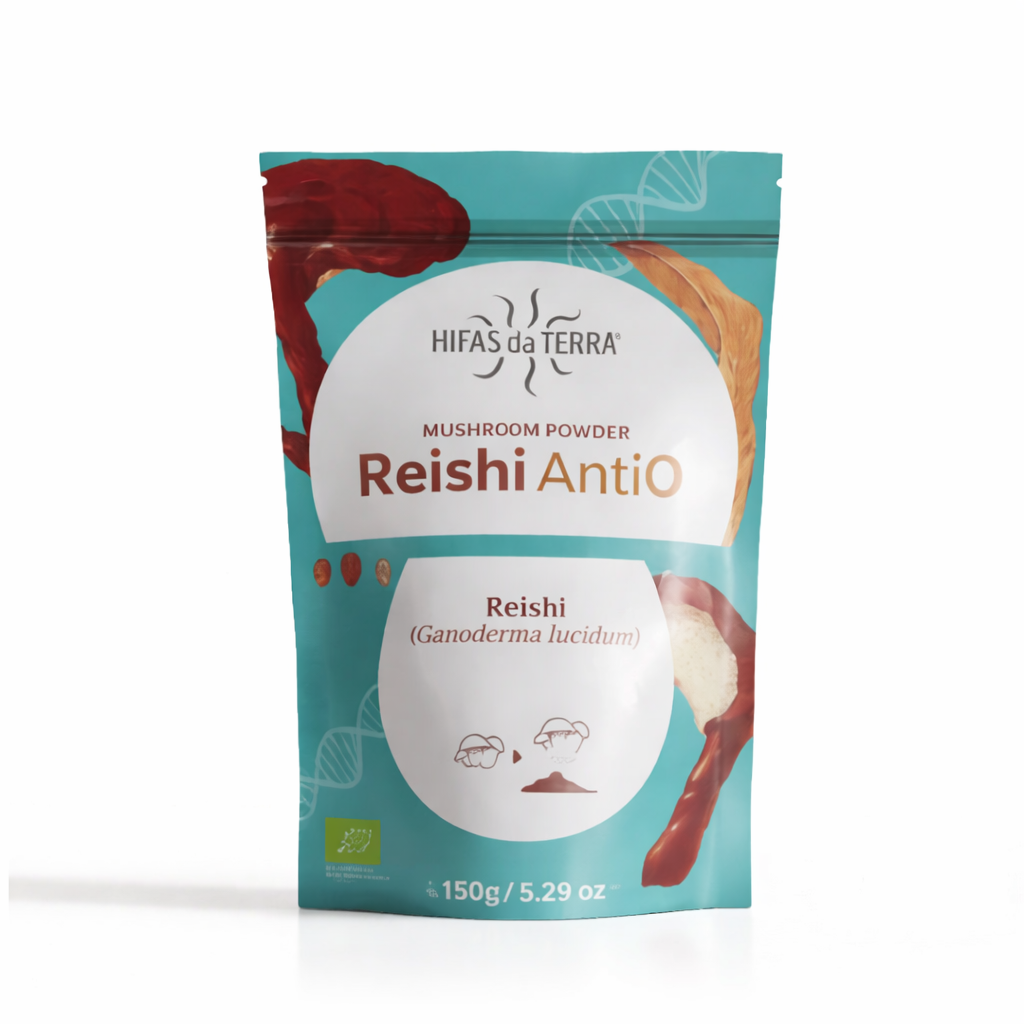 Hifas da Terra Reishi Antiox organic mushroom powder 150g for immune support and antioxidant vitality pure Reishi extract.