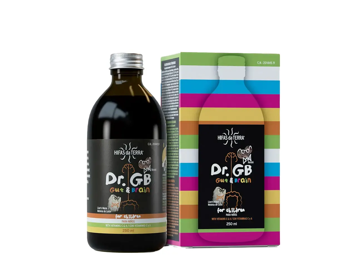 Dr GB Gut and Brain syrup 250ml with Reishi, Lion’s Mane, prebiotics and vitamins for digestive health, microbiome balance and cognitive support.