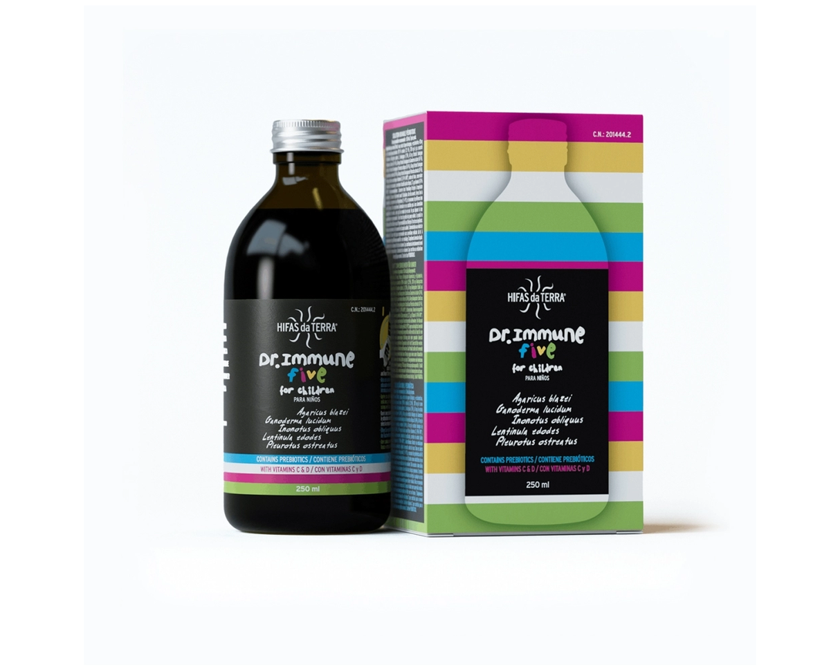 Dr Immune Five 250ml mushroom syrup with Reishi, Shiitake, Chaga and vitamins C and D for immune system support and natural defence.