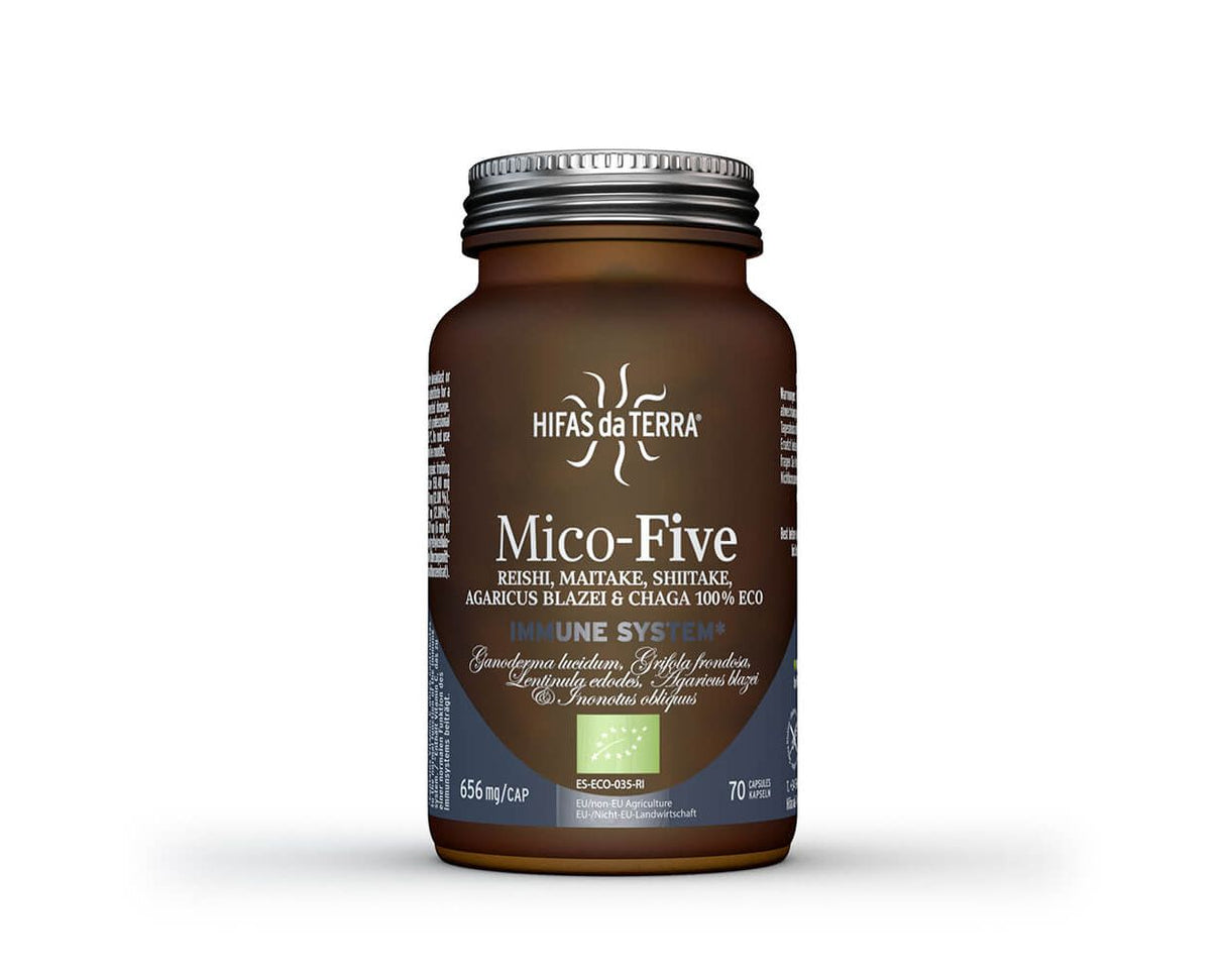 Hifas Mico Five Chaga organic capsules 70 count with Reishi, Shiitake, Maitake, and Chaga for immune support and antioxidant protection.