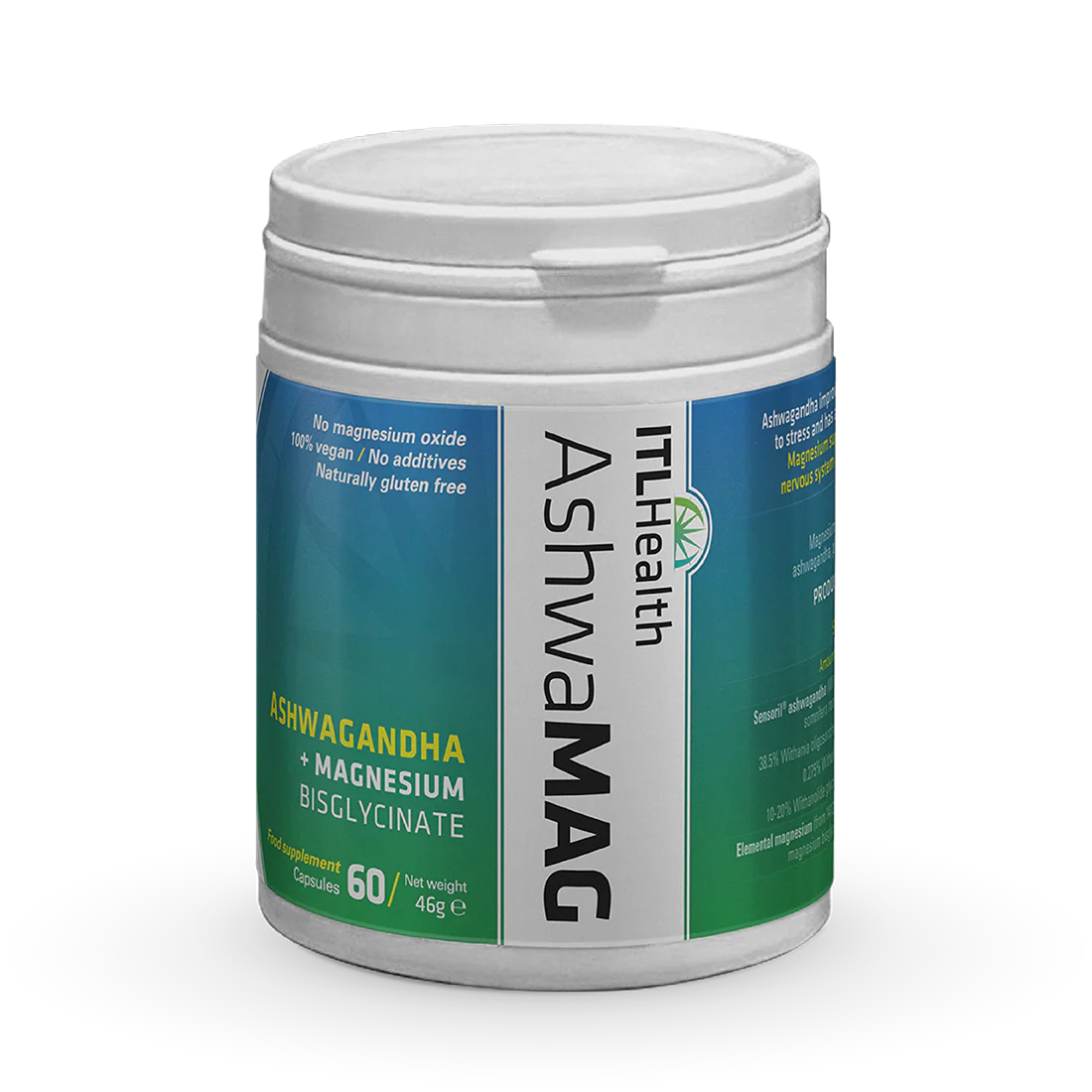 AshwaMAG magnesium bisglycinate and ashwagandha capsules for stress relief, anxiety, and restful sleep.