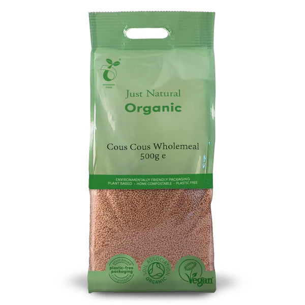 Just Natural Organic Wholemeal Cous Cous, 500g, packaged in environmentally friendly, home-compostable, and plastic-free packaging.