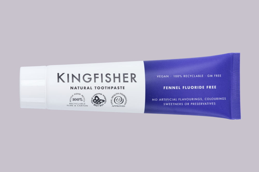 Kingfisher Fennel Fluoride Free natural toothpaste tube in white and blue packaging.