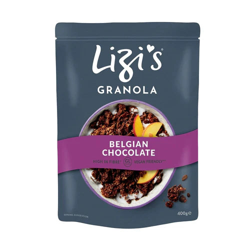 Lizi's Belgian Chocolate Granola pouch with a bowl illustration on a dark blue background.