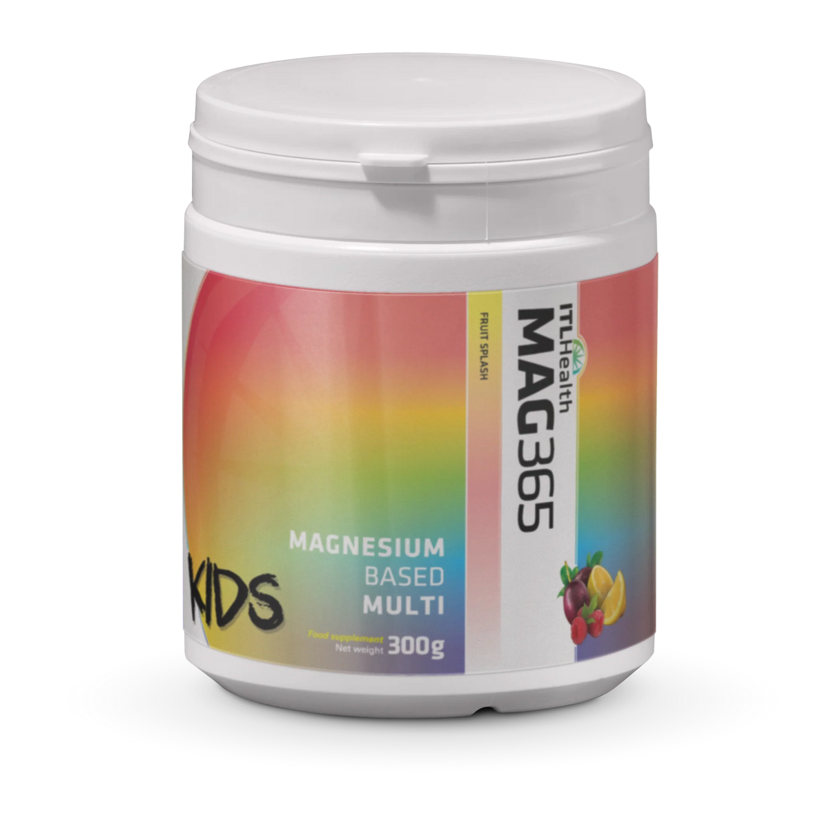 MAG365 Kids Fruit Splash ionic magnesium citrate powder with zinc and vitamins for children's bone health, sleep, and immune support.