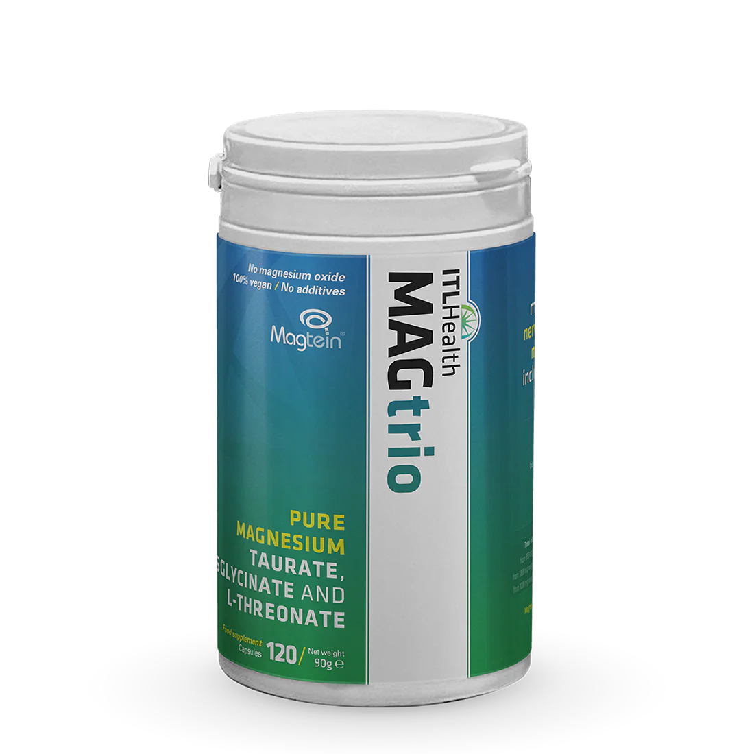 ITL Health MAGtrio capsules with Magnesium Taurate, Bisglycinate, and Threonate for brain, heart, and muscle support.