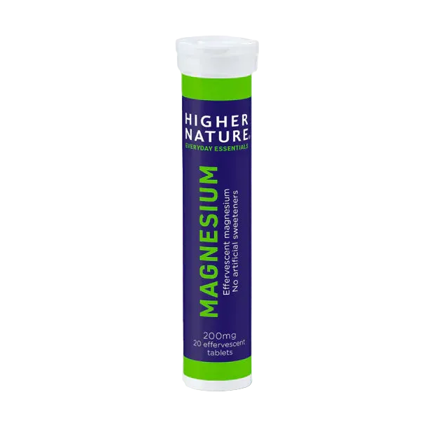 Higher Nature 200mg Magnesium, 20 effervescent tablets without artificial sweeteners.