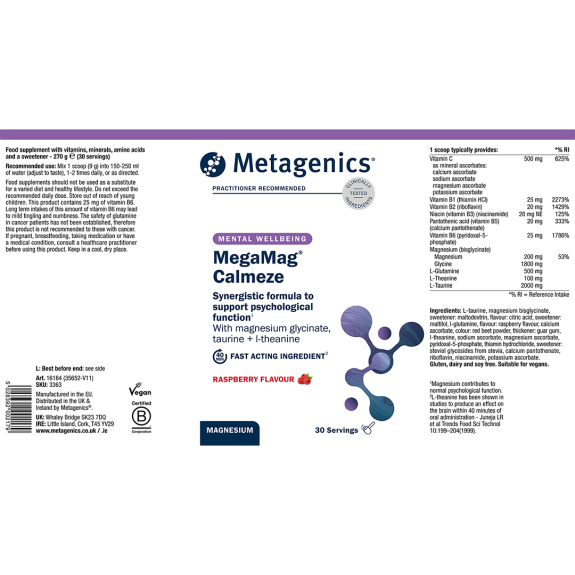 A flat layout of the purple and white product label for Metagenics MegaMag Muscleze orange-flavored supplement, showing the ingredients list, recommended use, and a detailed nutritional information table.
