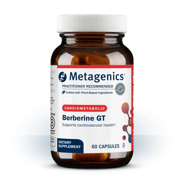 Metagenics Berberine GT cardiometabolic supplement capsules amber glass jar.