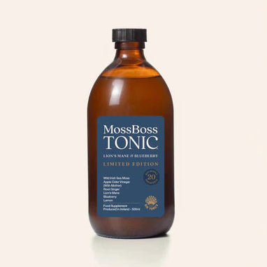 MossBoss Tonic Lion's Mane & Blueberry Limited Edition, 500ml glass bottle featuring Wild Irish Sea Moss, apple cider vinegar, ginger, and lemon.