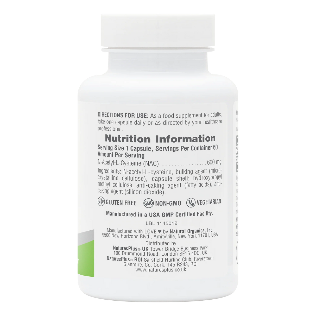 Back label of NaturesPlus PRO NAC 600 supplement bottle showing nutrition information, ingredients, and gluten-free, non-GMO, and vegetarian icons.