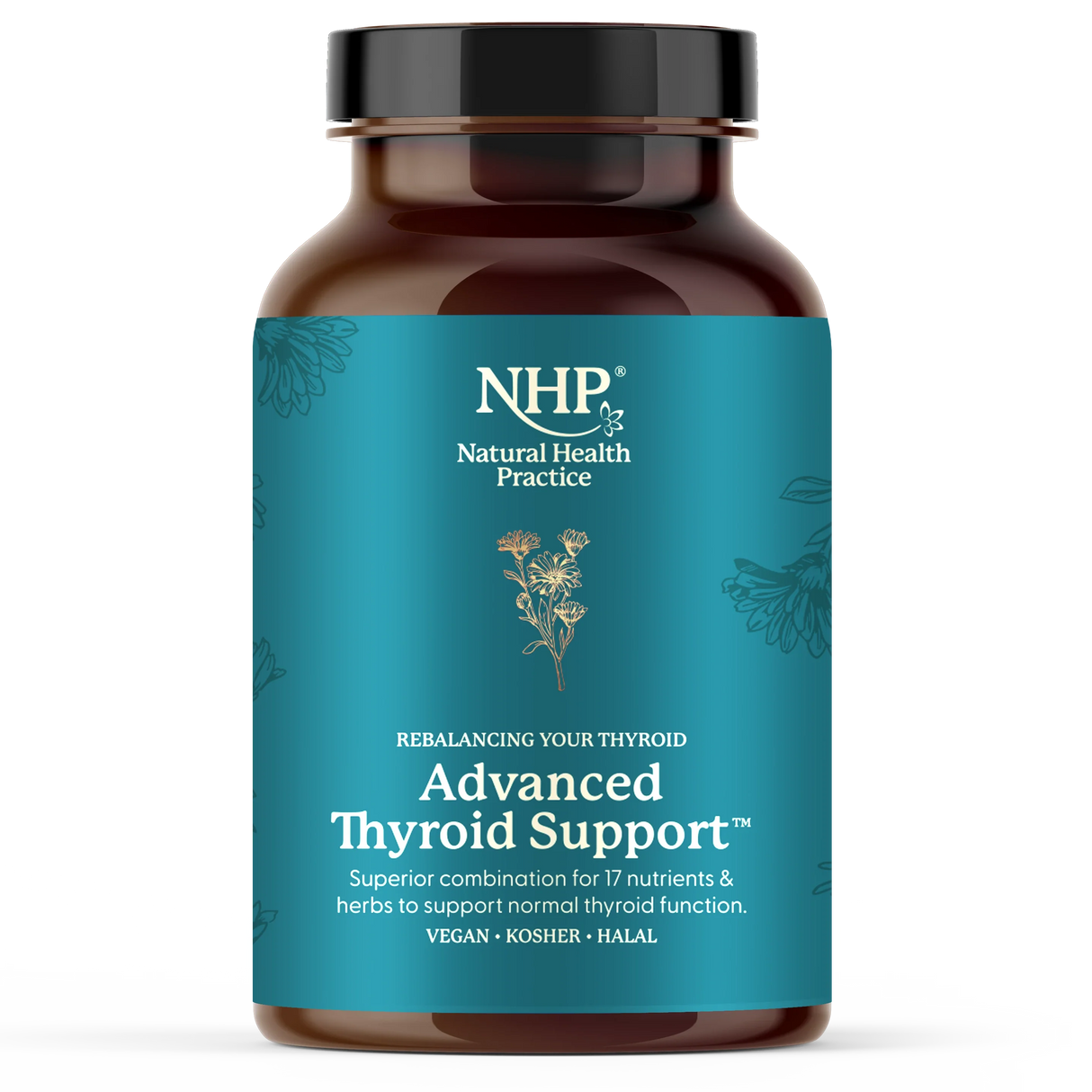 NHP Advanced Thyroid Support with 17 nutrients for thyroid function.