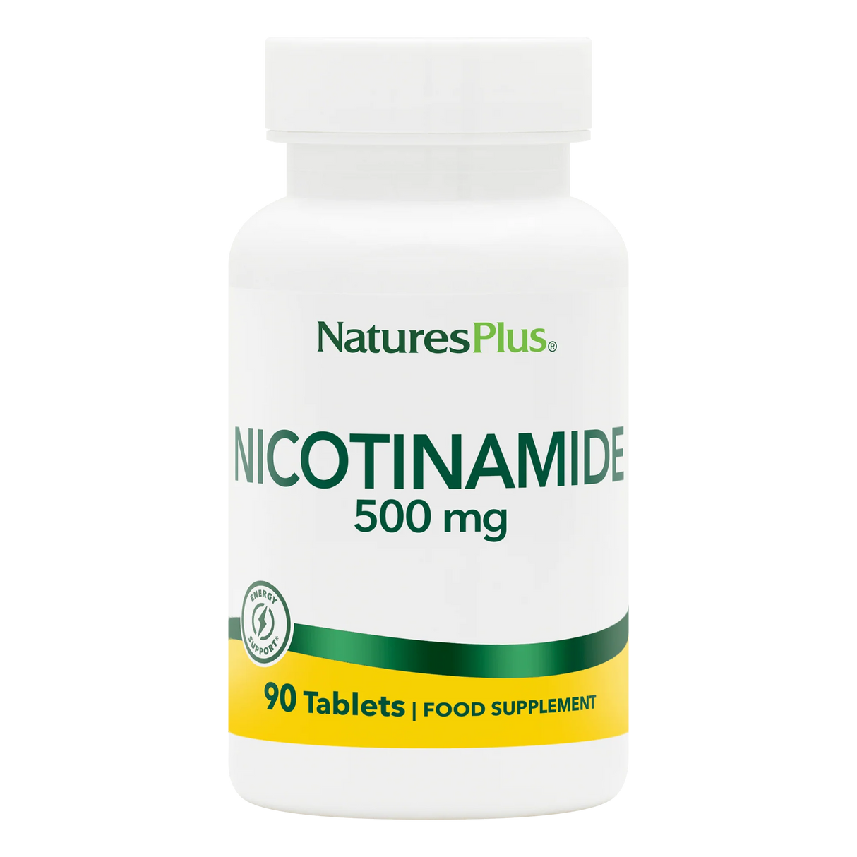 A white bottle of NaturesPlus Nicotinamide 500 mg dietary supplement containing 90 tablets, featuring a green and yellow label on a transparent background.