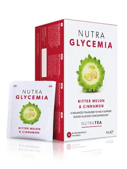 Nutra Glycemia Herbal Tea bags for blood sugar balance and metabolism 20 pack caffeine free cinnamon and fenugreek blend.