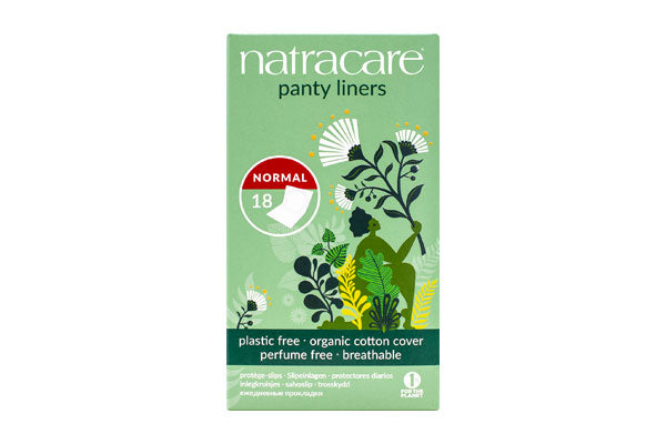Natracare normal panty liners box with green botanical art and plastic-free, breathable cotton cover.